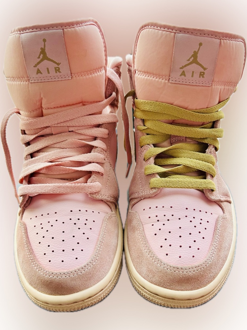 Jordan 1 Mid "Coral Gold"
 Pink High-Top Sneakers with Pink & Gold Accent Laces
